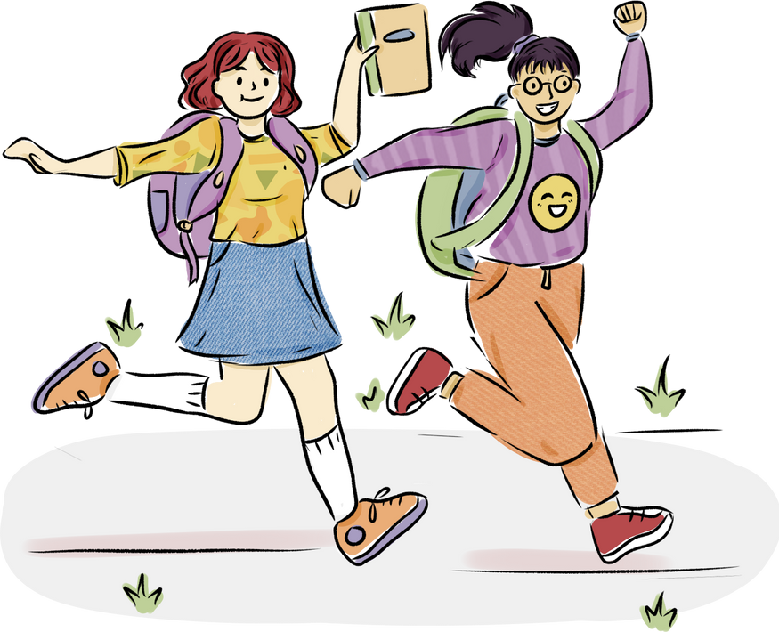 Loose Scribbly Patterned School Girls Full Body Skipping to School